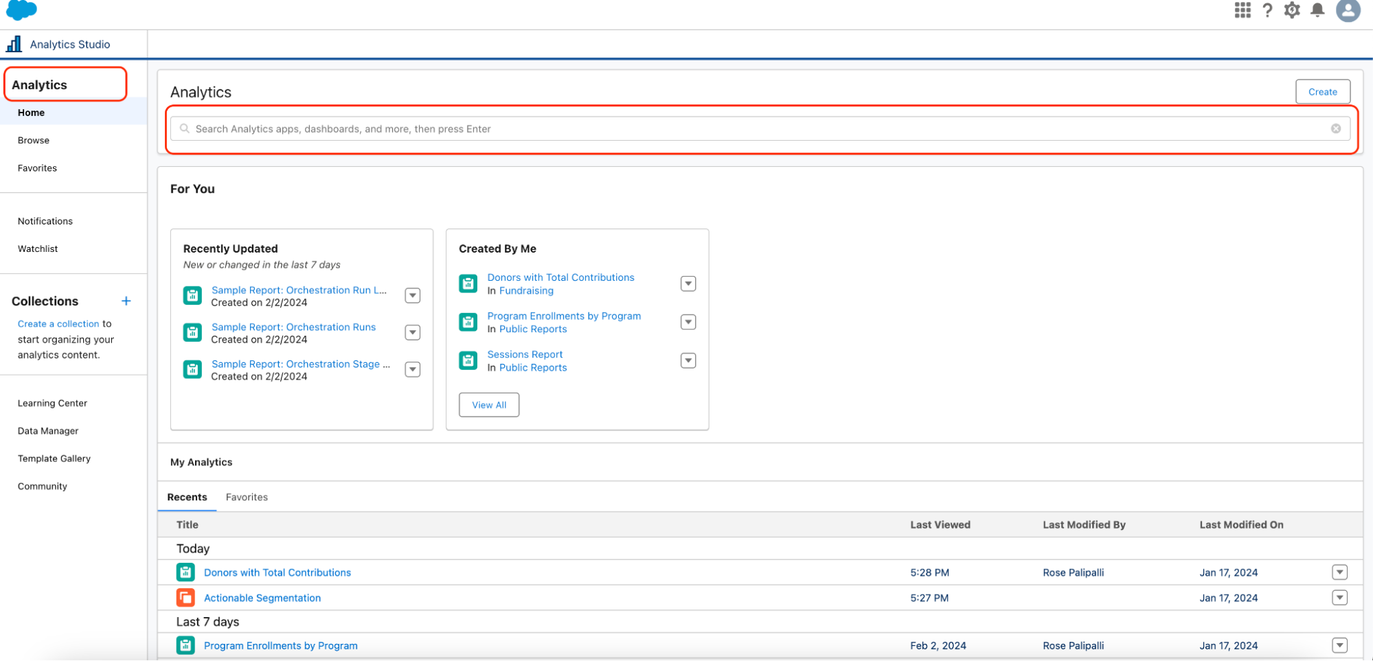 From the Analytics home page, you can search for any reports or dashboards.