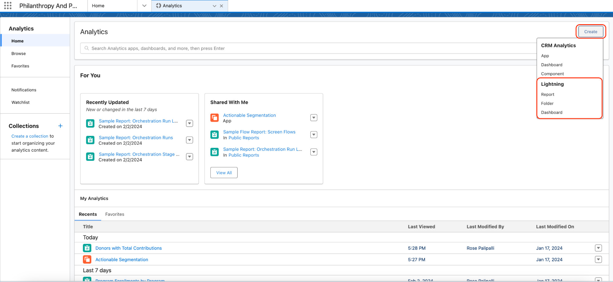 You can also create Lightning reports, dashboards, or folders from the Analytics home.